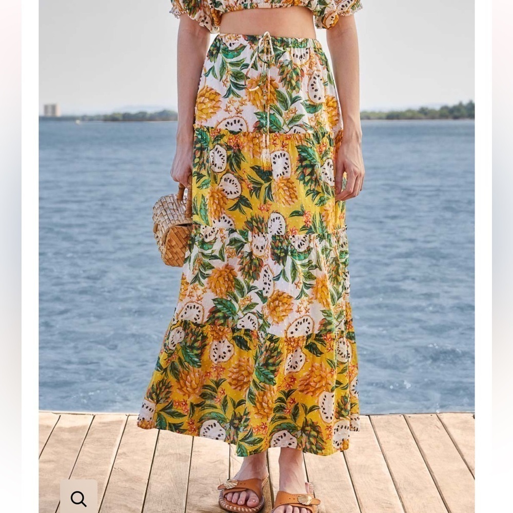 Farm Rio Biriba Tropical Fruit Print Maxi Skirt Yellow Green Size M NWT
